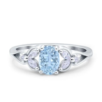 Oval Art Deco Bridal Wedding Engagement Ring Marquise Simulated Aquamarine CZ 925 Sterling Silver